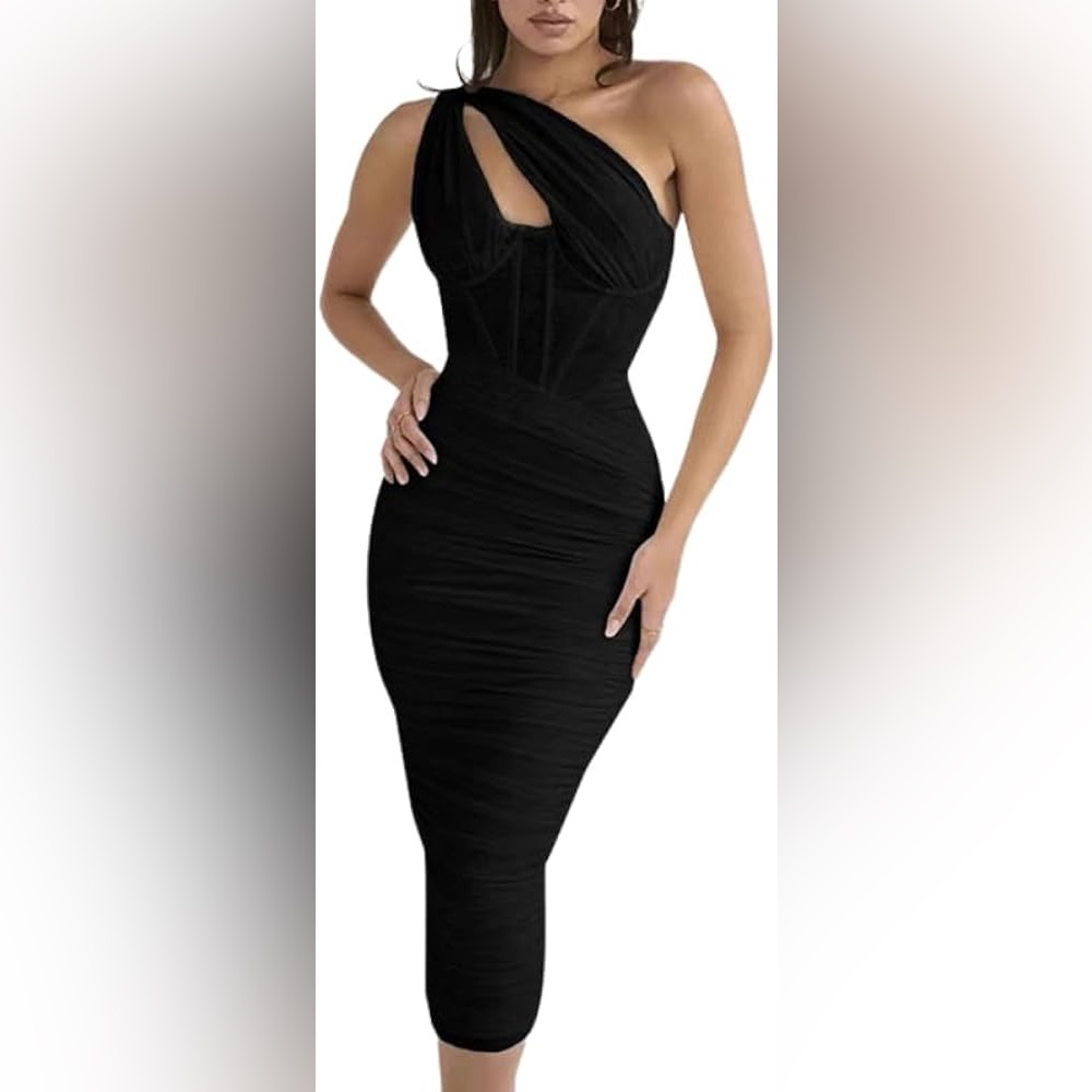 KUTUMAI Women's One Shoulder Slim Dress Pleated Strapless Hollow Out Mid-length